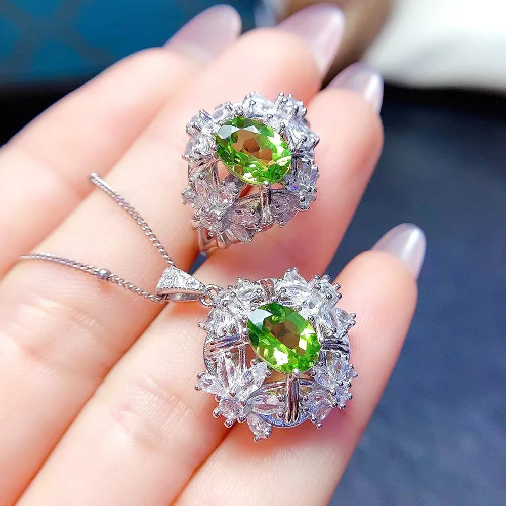 REDheart Luxury Gold Plated 925 Sterling Silver Natural Peridot Claw Setting Necklace Ring Kids Jewelry Set Wedding Party Birthday Gifts