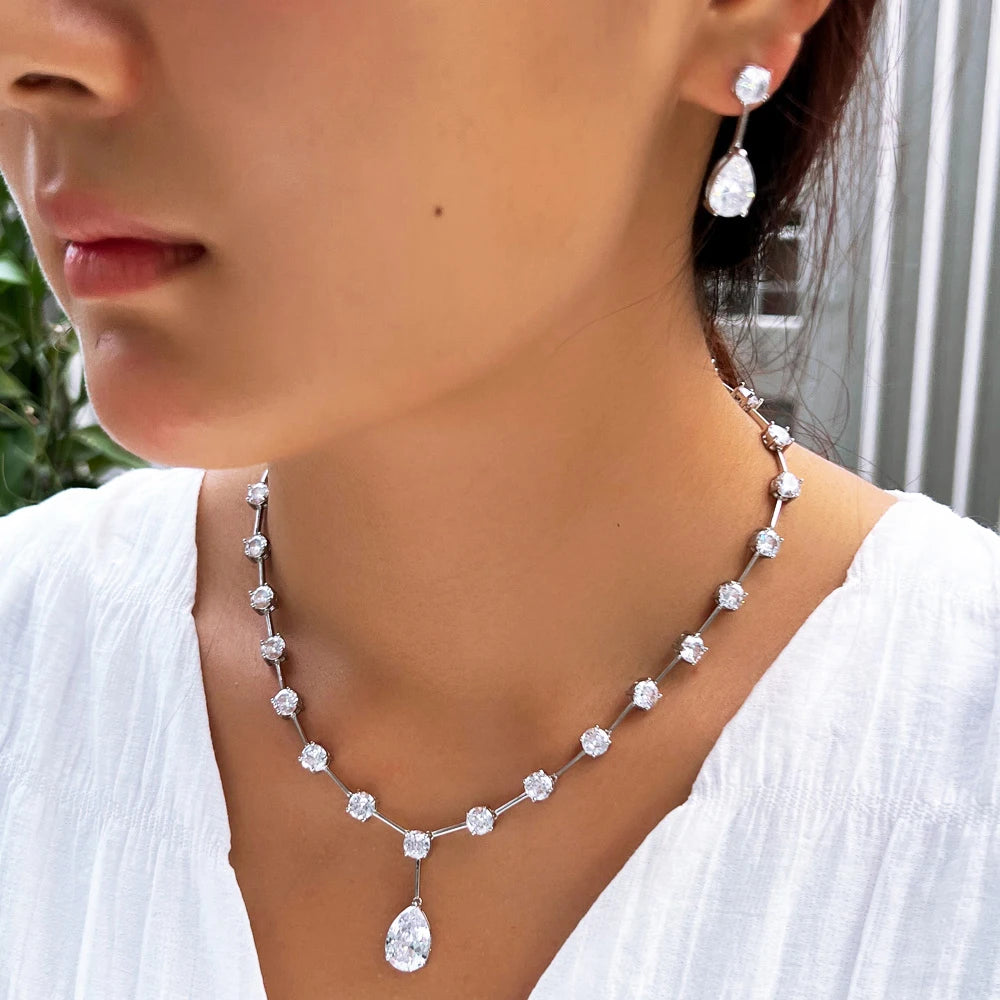 Sparkling White Cubic Zirconia Crystal Necklace and Earrings Big Chunky Water Drop Bridal Jewelry Set for Women Wedding