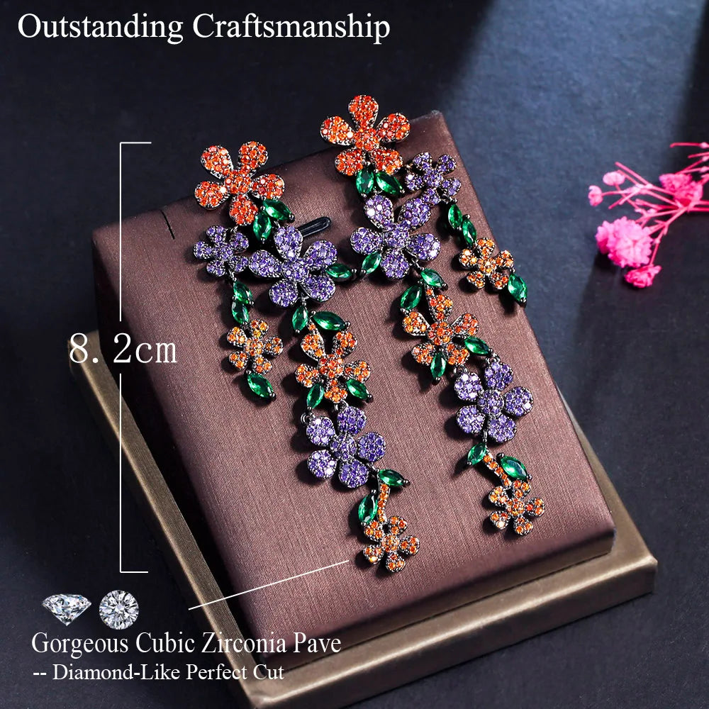 Glittering Multicolor Red Green Cubic Zircon Jewelry Flowers Long Dangling Drop Bridal Earrings for Women Wedding Party