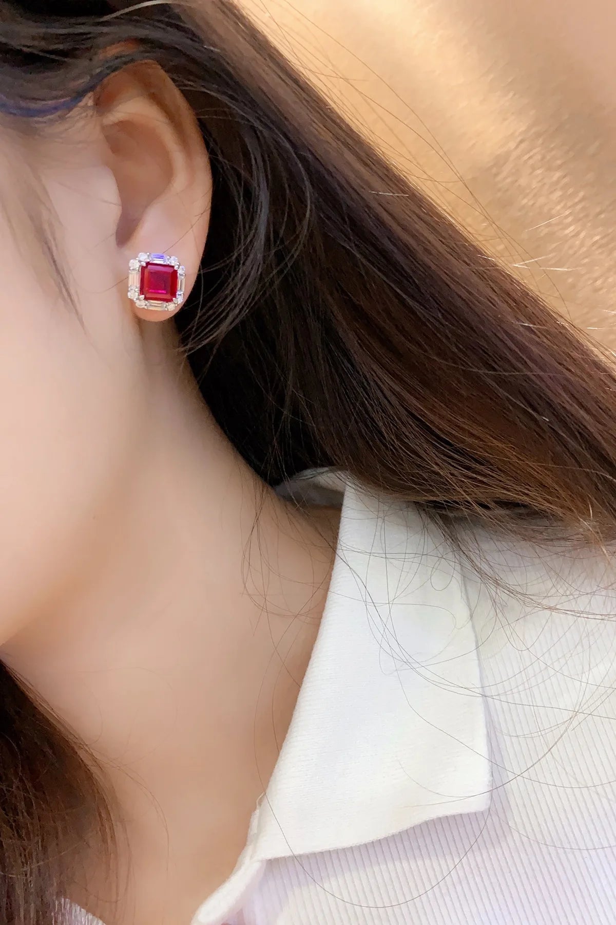Gemfiori Bridal Jewelry 3PCS/Set Rhodium Plated Sterling 925 Silver Ring Necklace Earrings for Wedding Lab Grown Ruby Anniversary Sets