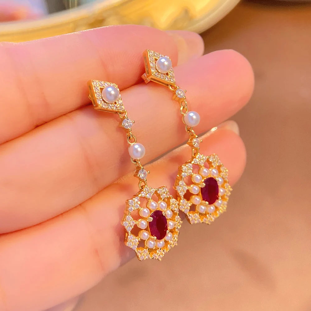 Gioiellieri 925 Sterling Silver Oval Cut Ruby Natural Stone Claw Setting Gold Plated Drop Earrings Luxury Jewelry Gift Women Party Occasion