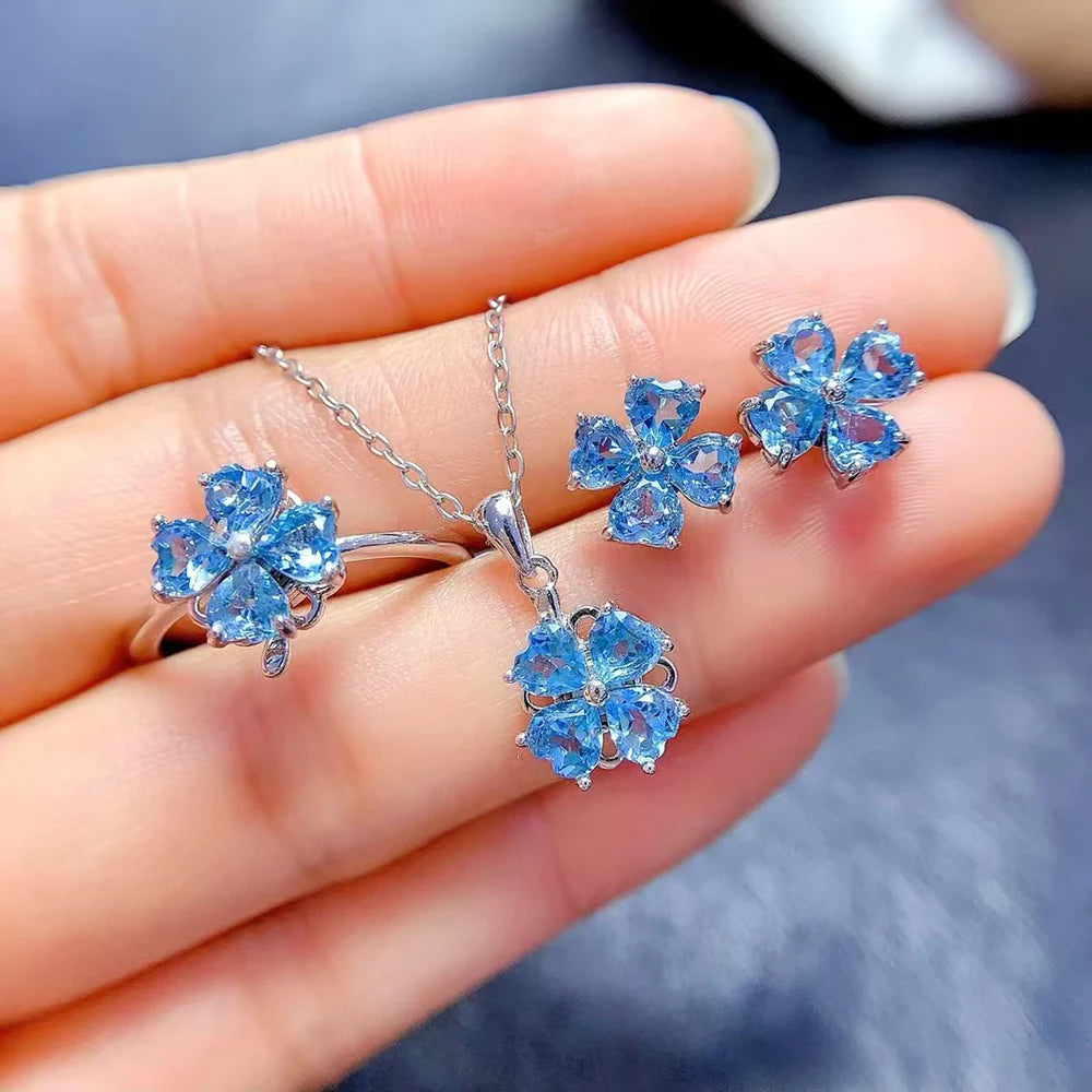 Natural Swiss Topaz Jewelry Set 925 Sterling Silver Heart Cut Gemstone Necklace Ring Earrings December Birthstone Bridal Gift