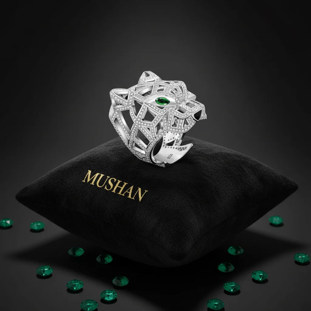 MuShan Jewelry Factory Leopard Head 925 Sterling Silver Rings Bands Women Hollow Design High Carbon Diamond HCD Gemstones Ring
