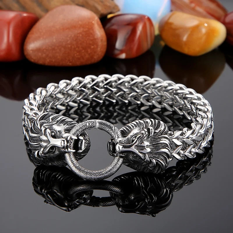 VIKING Mens Lion Head Herringbone Link Bracelet – Silver & Gold