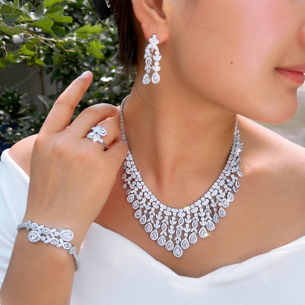 Silver Plated Cubic Zirconia Nigerian Wedding Bridal Long Leaf Tassel Jewelry Set Ring Necklace Earrings Bracelet for Brides