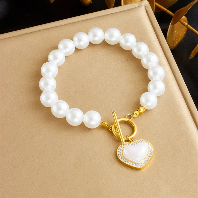 Women's French Vintage Design Pearl Chain Gold-plated OT Clasp Stainless Steel Scallop Starfish Pendant Bracelet Necklace Set