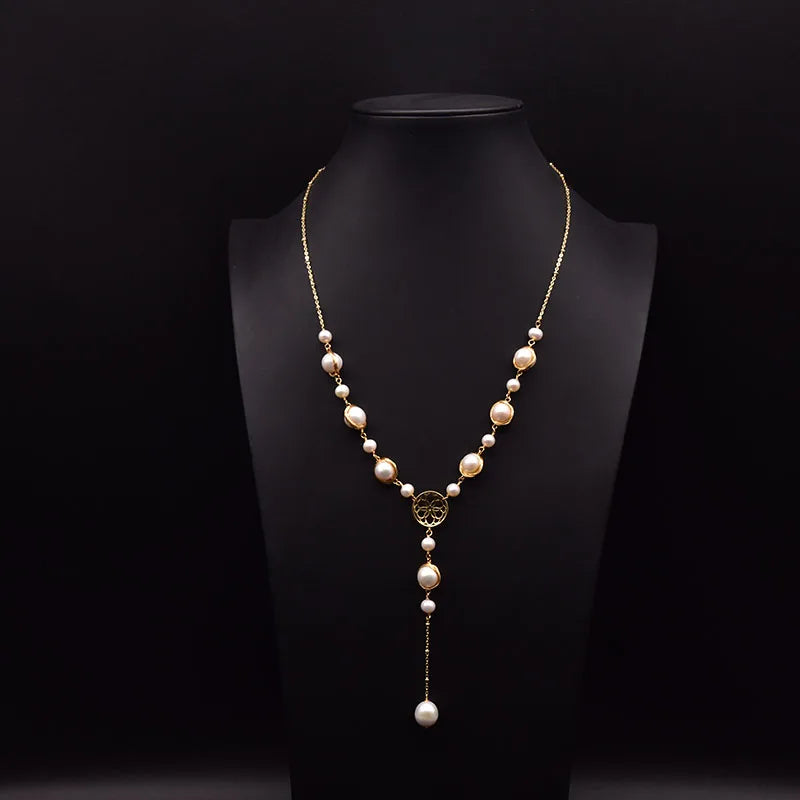 Natural Freshwater Pearl Chain Necklace for Woman Wedding Handmade Pearl Pendant Long Chain Fashion Jewelry