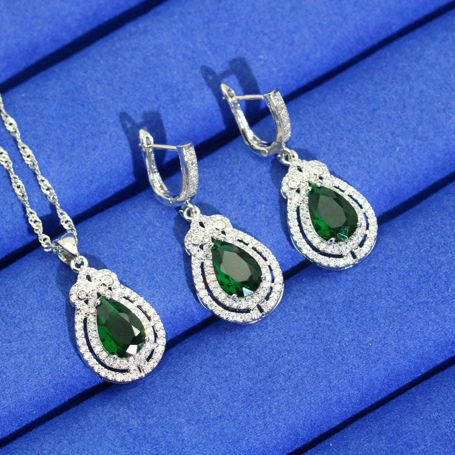 XOTICA Luxurious 925 Sterling Silver Jewelry Set for Women Green Zircon Earrings Necklace Pendant Ring for Weddings Dating Gifts