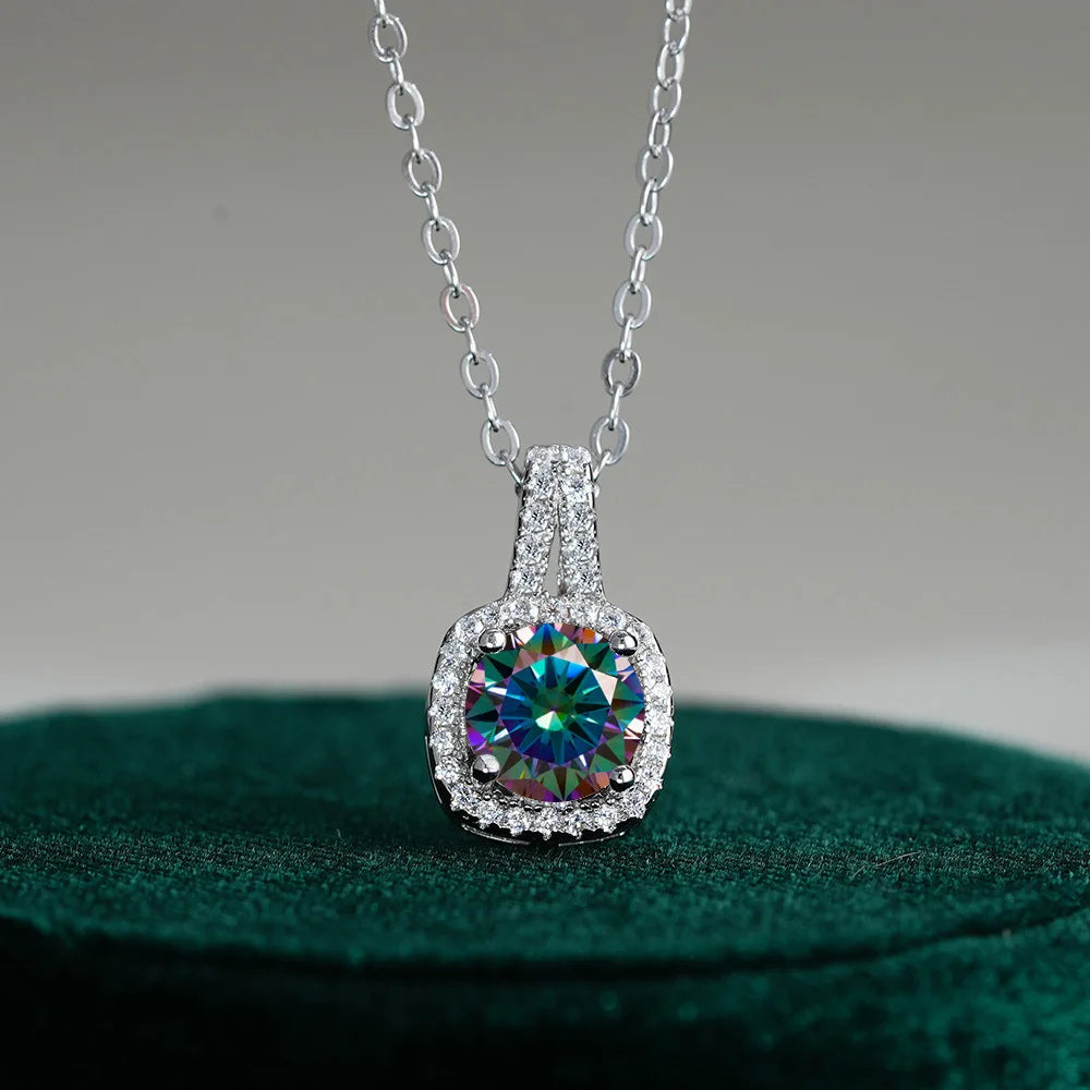 Fine Jewelry 925 Silver Square Bezel Set Round Cut 1CT 2CT VVS GRA Certified Colorful Moissanite Diamond Pendant Necklaces Women