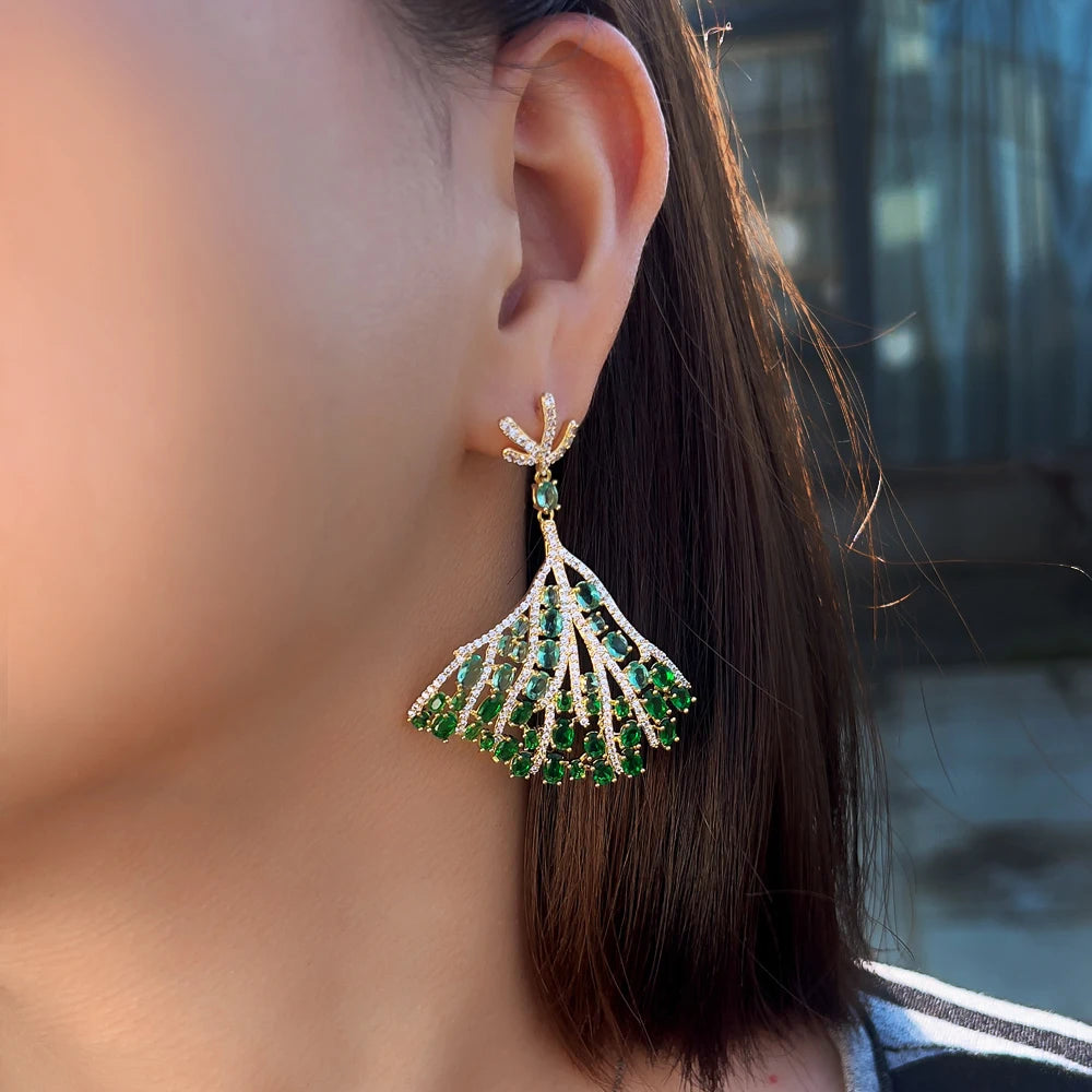 S&S Green CZ Oversized Tree Leaf Dangle Drop Earrings – 18K Gold Plated – Collection