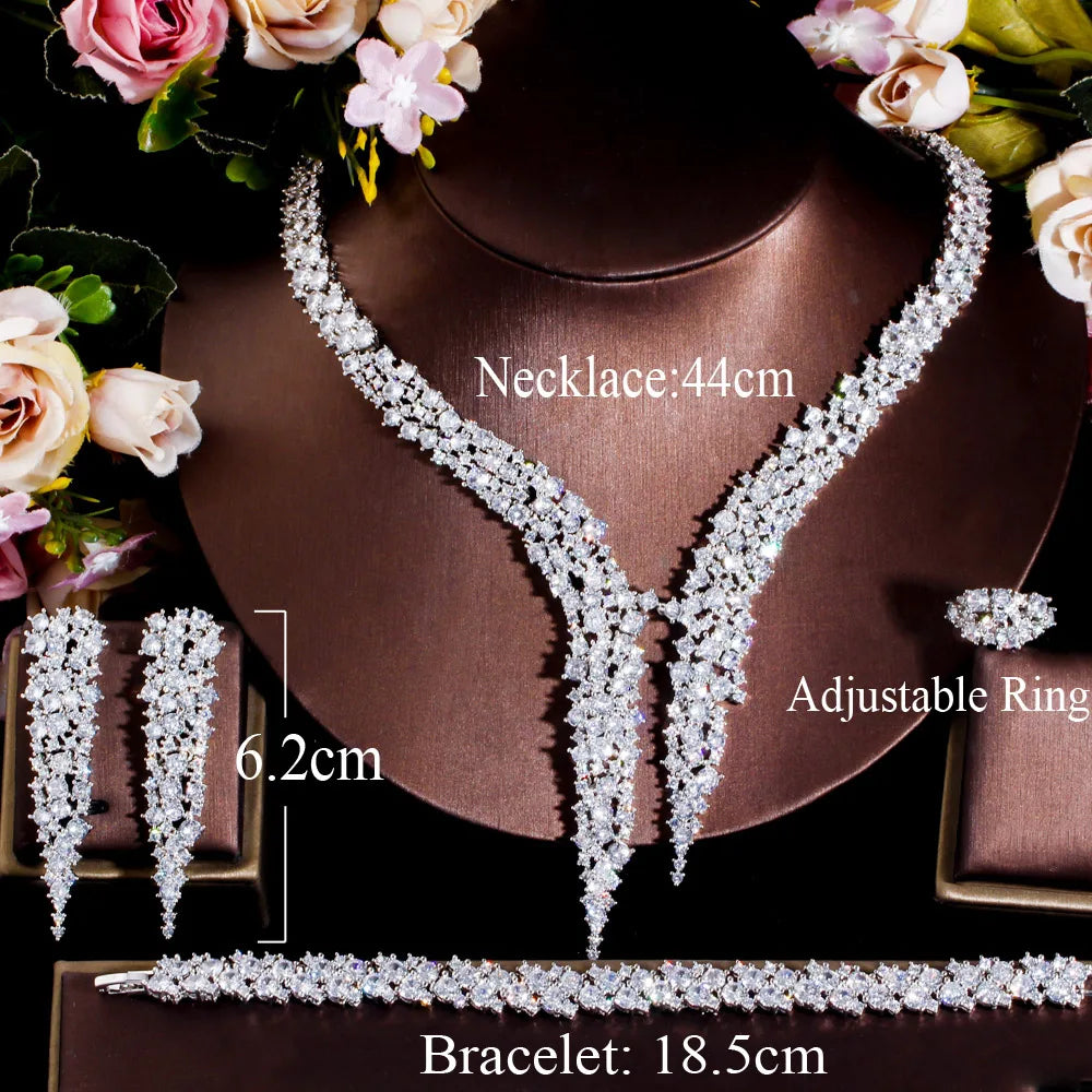 4Pcs Dubai Brilliant CZ Heave Crystal Big Luxury Necklace Earrings Dinner Party Wedding Bridal Costume Jewelry Sets for Women