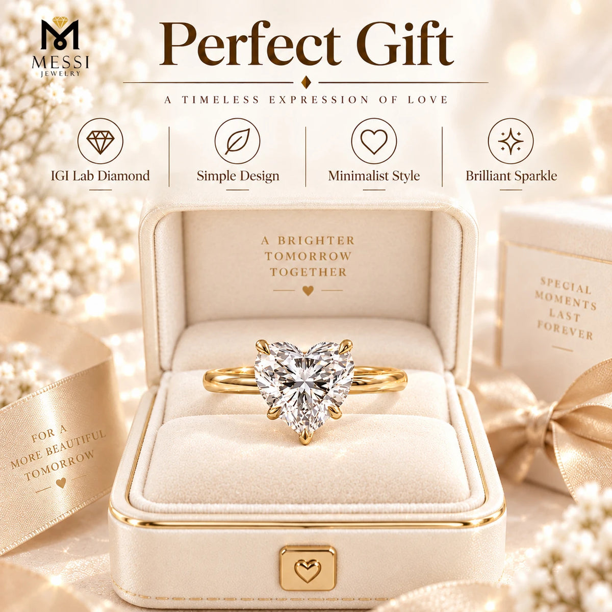 Gemfiori Messi Jewelry 10k 14k 18K White Gold Classic Designs Claw Setting Women 1CT 2CT 3CT Round Oval Pear IGI Lab Grown Diamond Ring