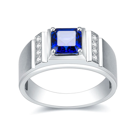Messi Jewelry  MSR-1187 Custom 18K White Gold Asscher Lab Sapphire Gemstone Men Rings