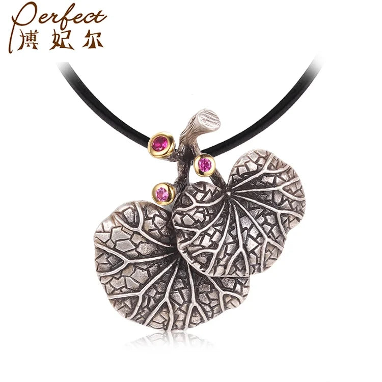 Handmade Classic Style Lotus Leaf Design 925 Sterling Silver Pendant Synthetic Red Corundum Women's Anti-Silver Plated