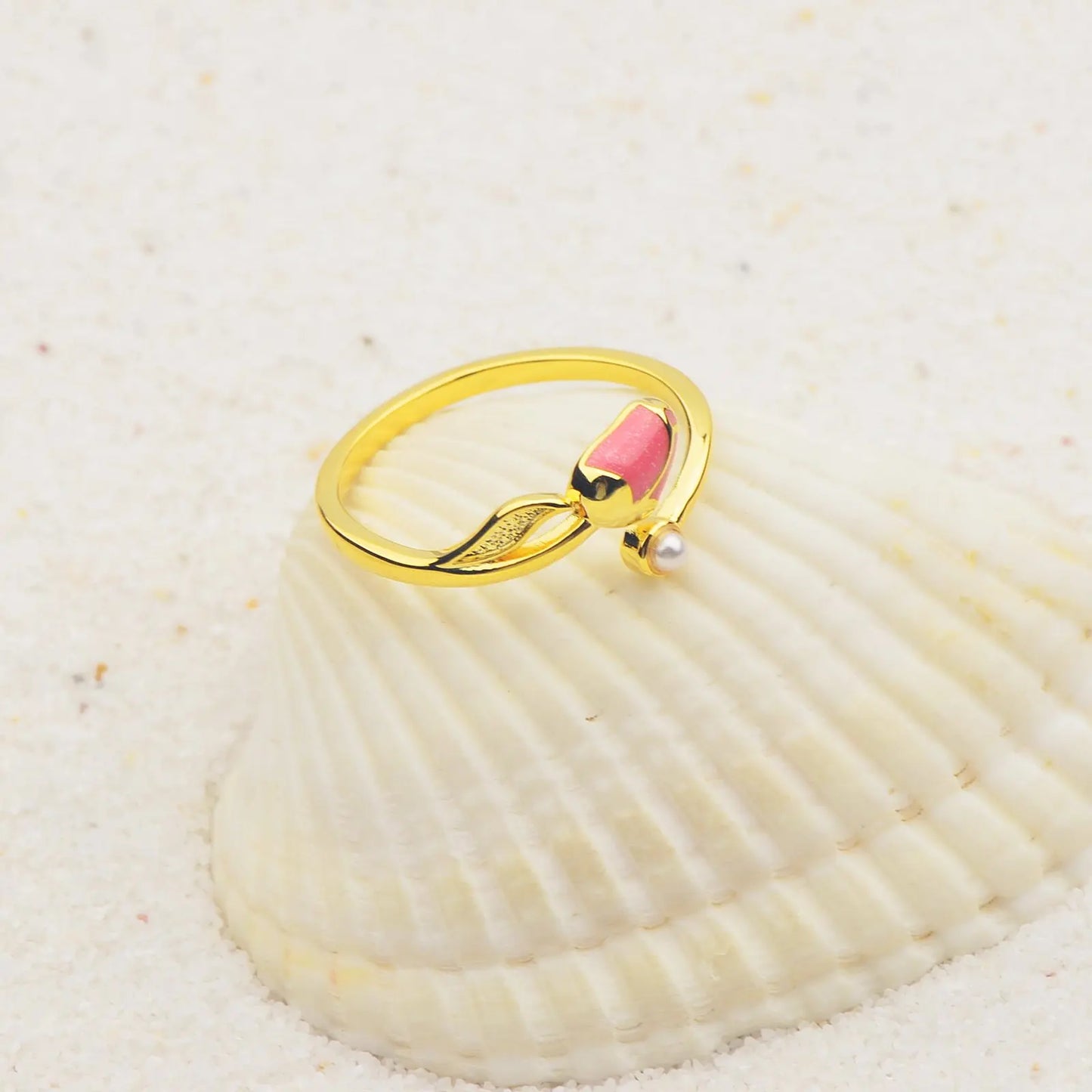 Hawaiian Tulip Coral Brass Modern Bohemian Design Women's Party Ring
