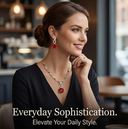 Bella Viva Luxury Red Cubic Zirconia Pendant Earrings & Necklace Set, Perfect for Wedding, Party and Special Occasions
