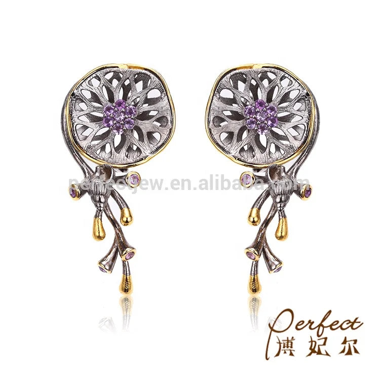 Latest Saudi Gold  Amethyst 925 Sterling Silver Ladies Earrings with Gold Plated