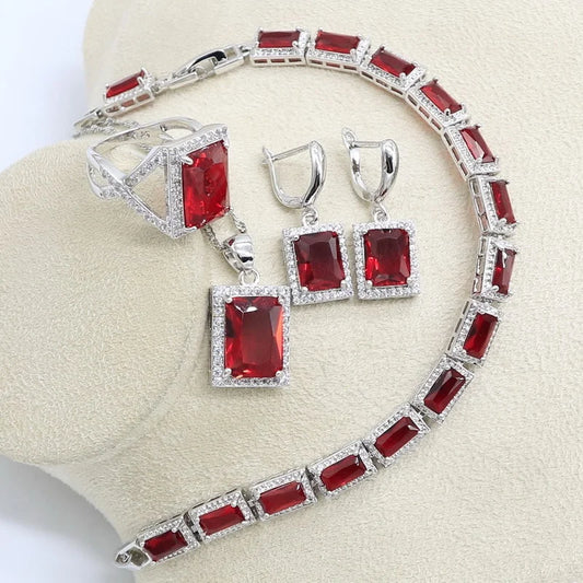 Women's Red Zirconia Bridal Jewelry Set Silver Color Wedding Pendant Bracelet Rings Necklace for Parties Gifts Engagements