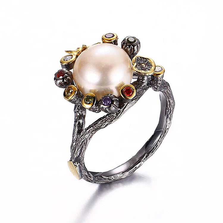 Flower Gold Plated Pink Button Pearl 925 Sterling Silver Jewelry Ring With Colourful Zircon