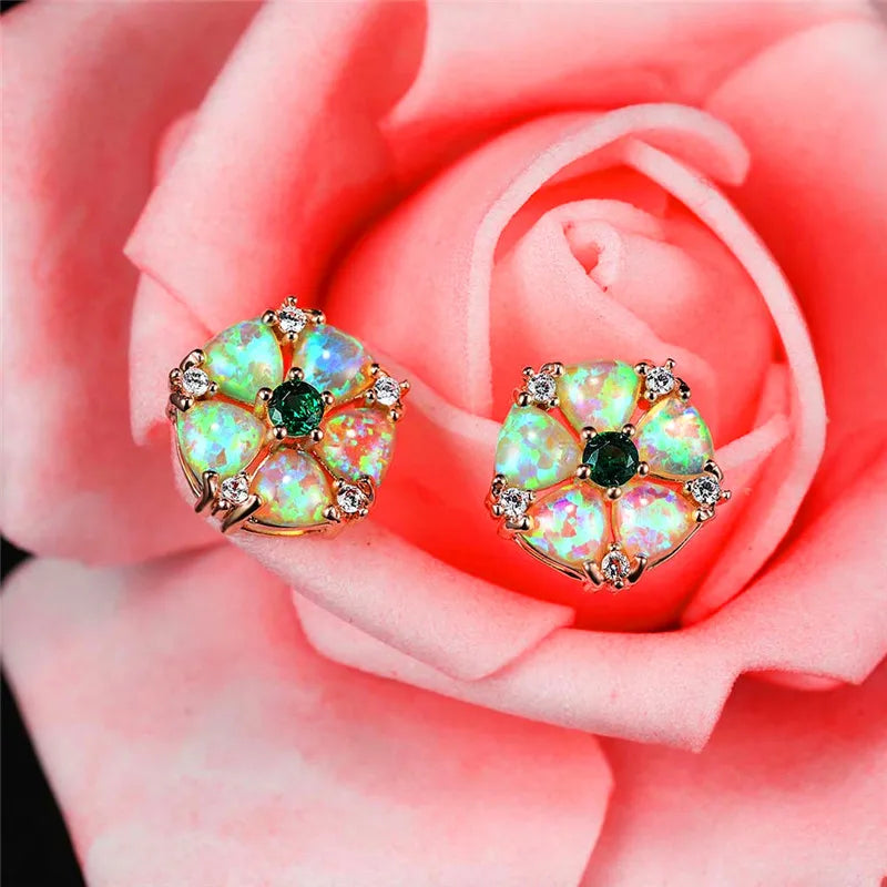 Floral Opal & Emerald Stud Earrings - Iridescent Opal Petals & Green Gem Center | Elegant Daily Jewelry Bulk Gifts