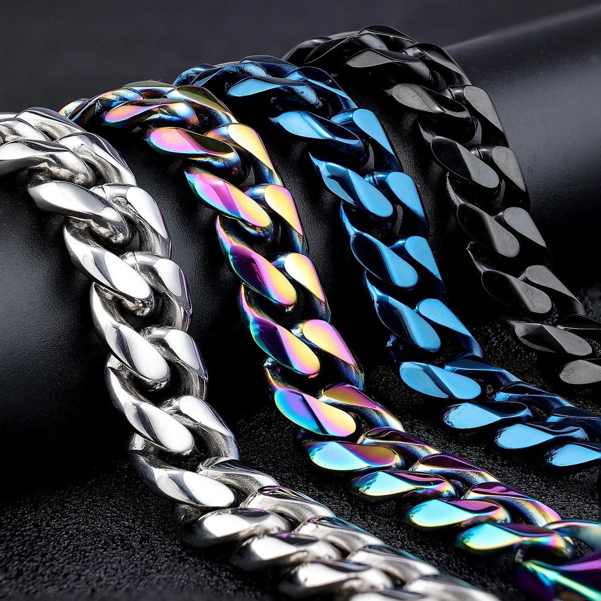REBEL Custom LOGO Stainless Steel 14mm Black Rainbow Color Big Curb Cuban Miami Cuban Chain Bracelet for Men