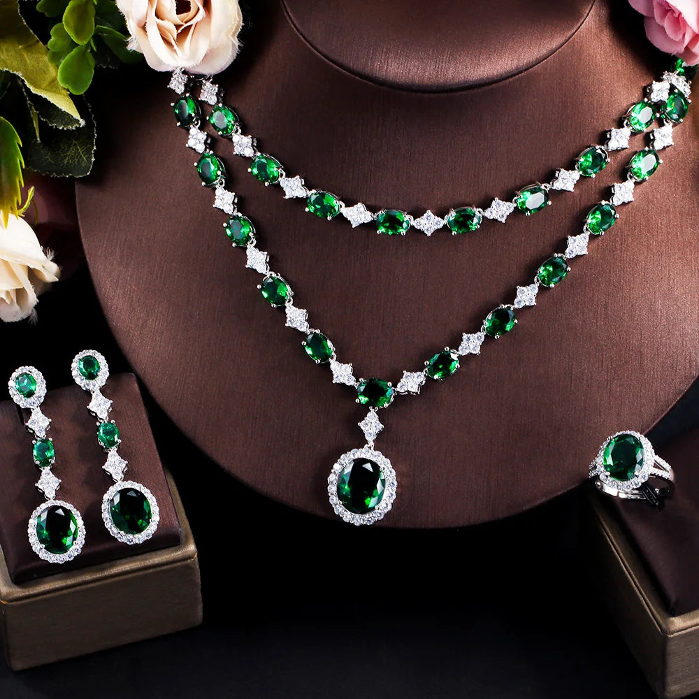 4pcs Luxury African Green Cubic Zirconia Stone Multi Layered Big Necklace Earrings Party Costume Jewelry Set for Wedding Brides