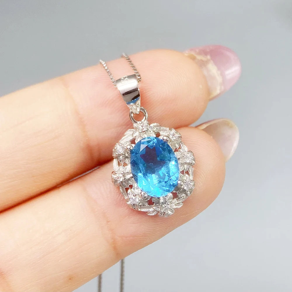 Gioiellieri S925 Sterling Silver Natural Swiss Blue Topaz Pendant with Blue Gemstone for Women Fine Jewelry Anniversary Birthday Gift Best