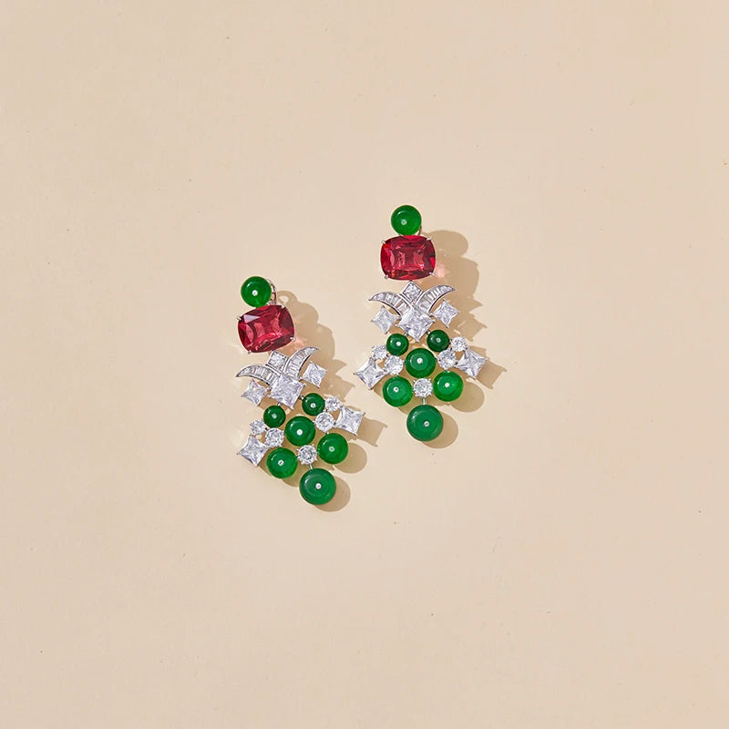 Women's High-end Red and Green Evening High-end Jewelry Set Inlaid with Zircon, Durable Brass Material, Non Oxidizing Banquet