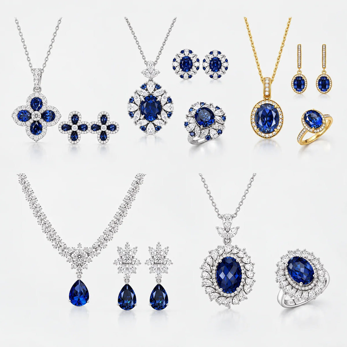 ArtistA High Quality Prong Set 925 Sterling Silver Lab Grown Blue Sapphire Ring Earring Necklace Set