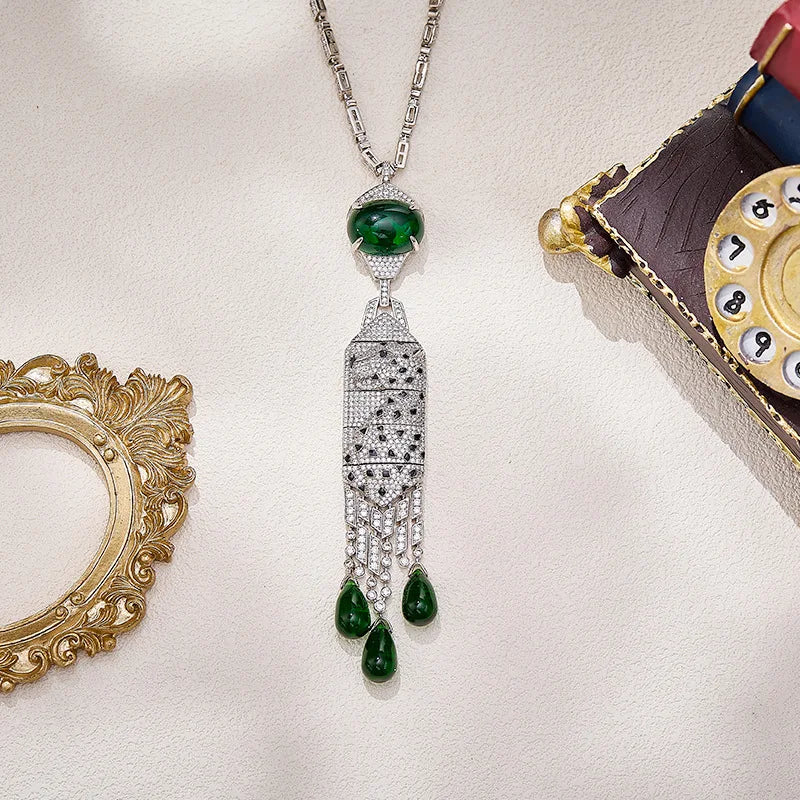 Luxury Leopard Print Teardrop Zirconia Necklace & Earrings Set — Blue & Green