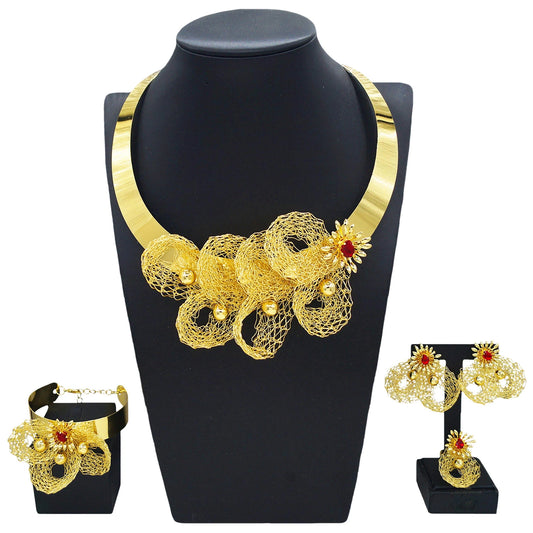 Zhuerrui African Dubai-style Gold Necklace Set Exquisite Handmade Geometric Bridal Wedding Set MY19435