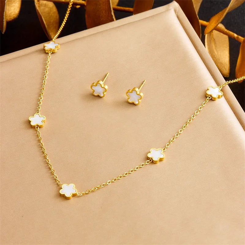 Gold White Flower Necklace, Earrings & Bracelet Jewellery Set | Feminine Fashion Set