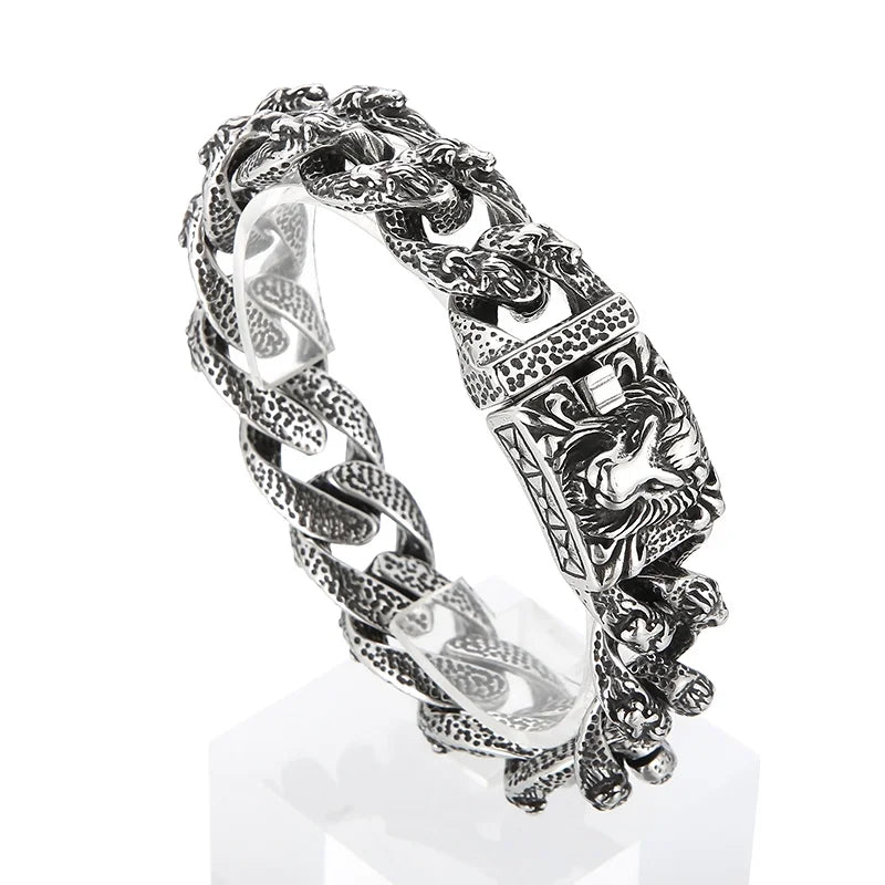 VIKING Mens Punk Lion Head Pattern Link Bracelet – Silver Stainless Steel
