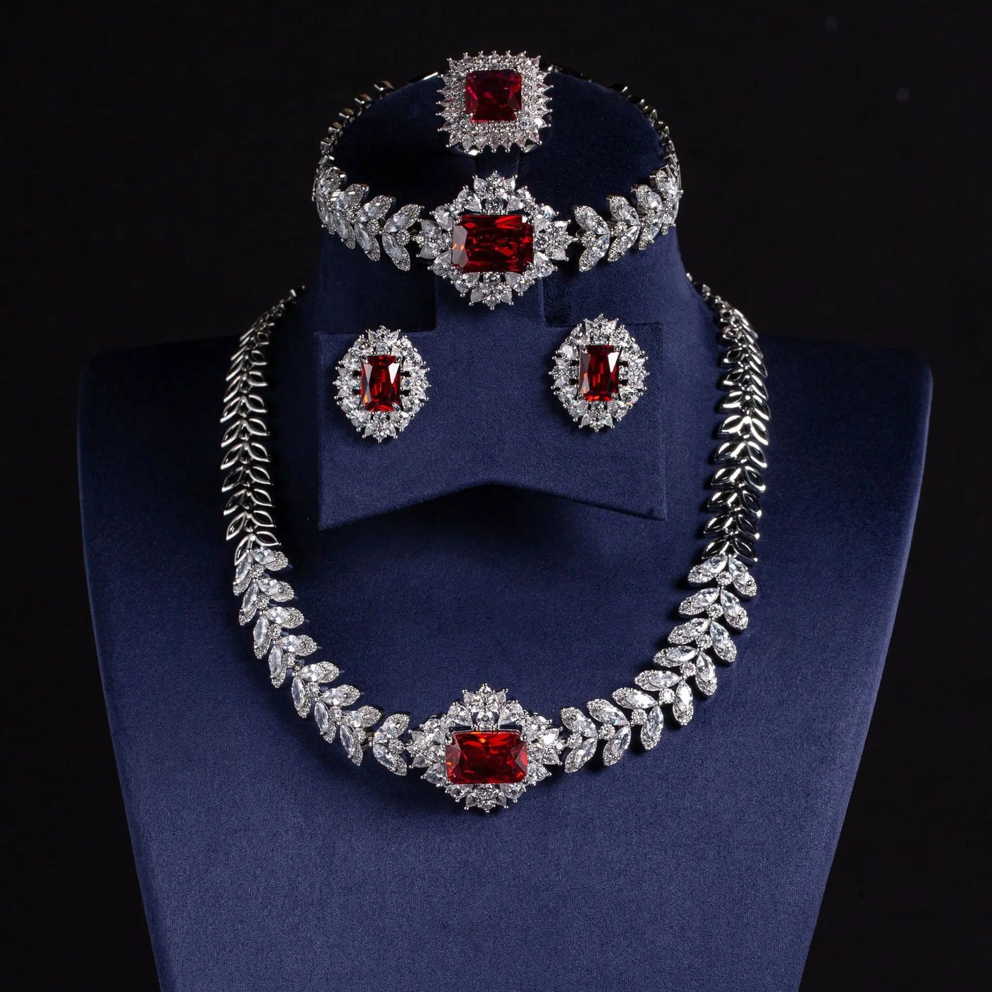 Dubai-Style Cubic Zirconia 4-Piece Bridal Jewellery Set — White, Red & Green