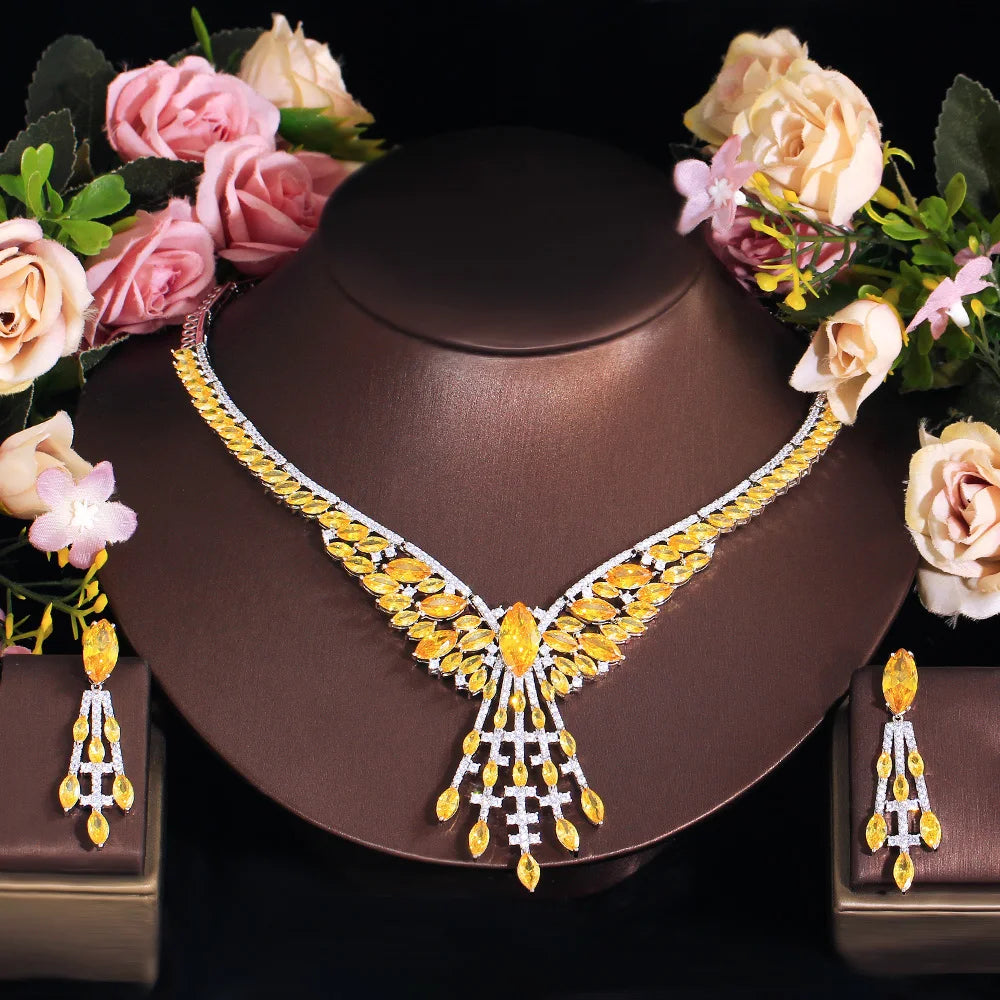 2pcs Gorgeous Perfect Cut Yellow Cubic Zirconia Luxury Women Party Wedding Costume Necklace and Earrings Bridal Jewelry Sets