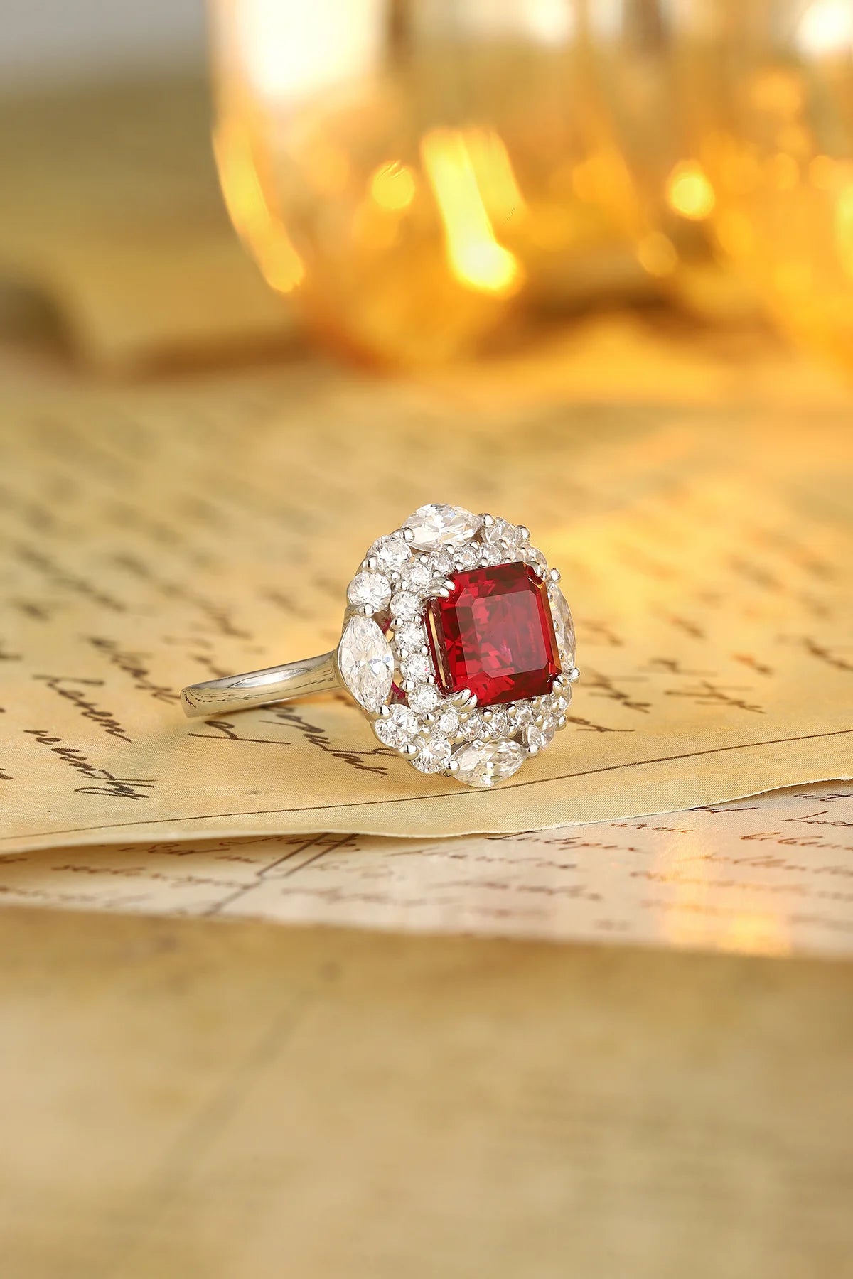 Gemfiori Hot Selling Asscher Cut Lab Grown Ruby Ring Sweet Elegant Vibe Fadeless Finish Premium Luxury High Grade Jewelry Piece