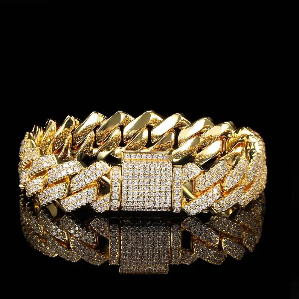 Wholesale Hip Hop 10mm 12mm 14mm 15mm 20mm Zircon 18k Gold Plated Bracelet Men Cuban Link Bracelet Homme Iced Out Bracelets