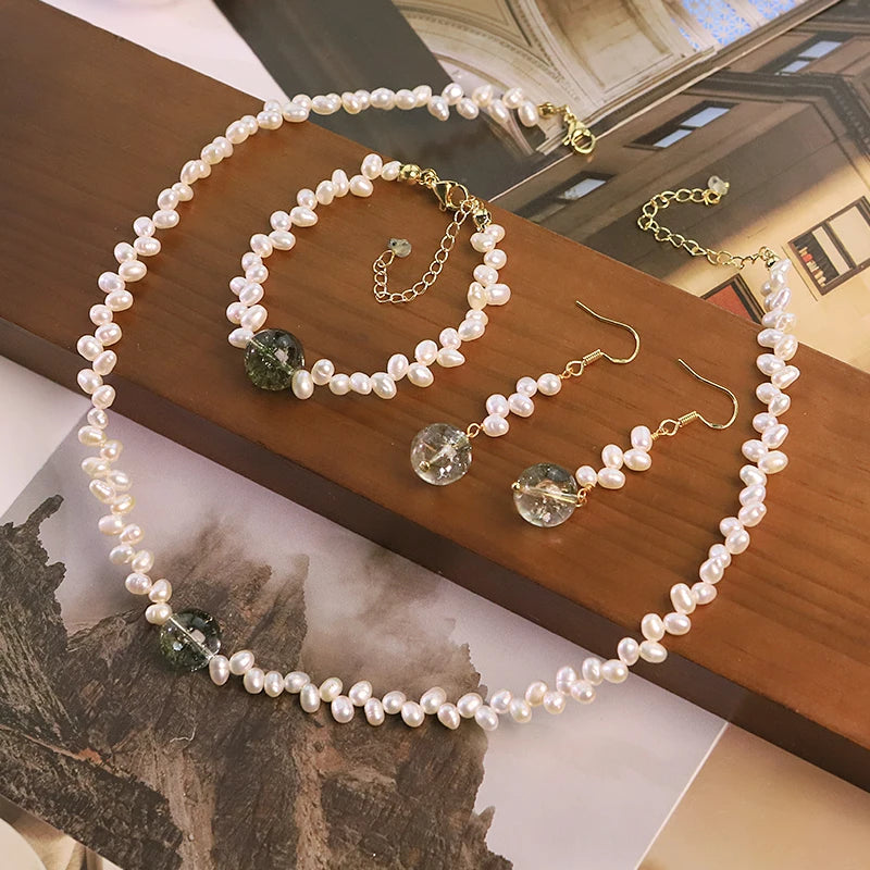 Natural Freshwater Pearl Glass 3PCS Jewelry Set  for Women Wedding Engagement Dating Bridal Pearl Jewelry Set Minimalist Jewelry