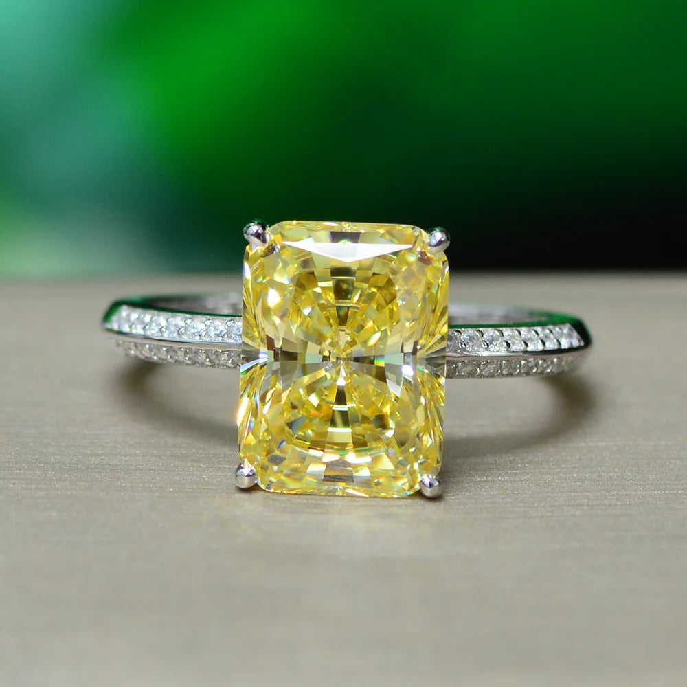Silverelli | 925 Silver 9.5ct Rectangular High Carbon Diamond Ring | 9×12mm | Light Yellow | Platinum Plated