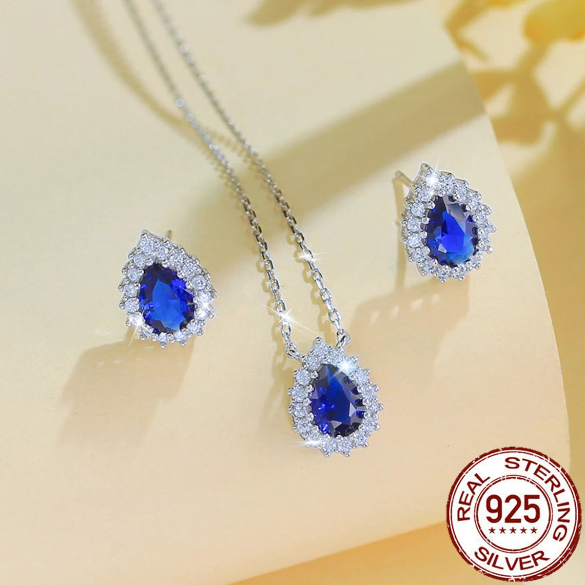 S&S 925 Silver Royal Blue CZ Teardrop Necklace & Earrings Set – Pear Cut – Rhodium Plated – Collection