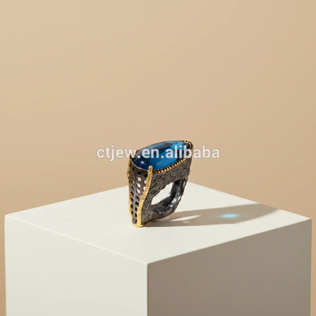 Arab Design Black Gold Plated 925 Sterling Silver Finger Ring with Blue Spinel