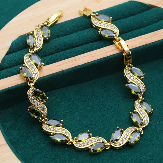 Olive Green Zircon Geometric Beaded Bracelets Women 18K Gold Plated Trendy Party Jewelry Charm Accessories Wedding Anniversary