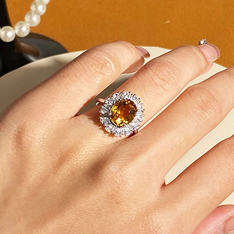Gioiellieri Natural Sitrine Rhodium Plated 925 Sterling Silver Luxury Engagement Ring Oval Cut Gemstone Prong Setting Certified for Weddings