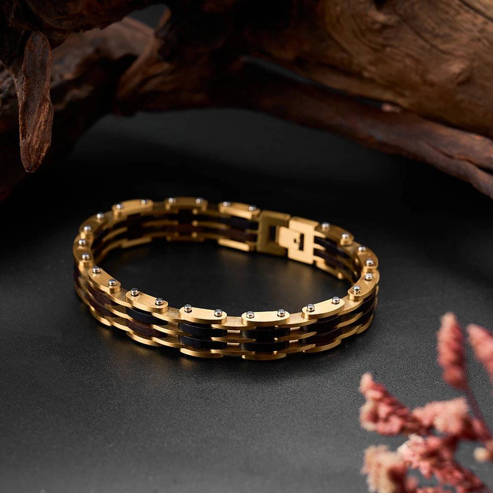 REBEL Luxury Wooden Unisex Stainless Steel Chain Bracelet Vintage Black Zinc Plated Custom Logo Engraving Handmade Fashion Jewelry