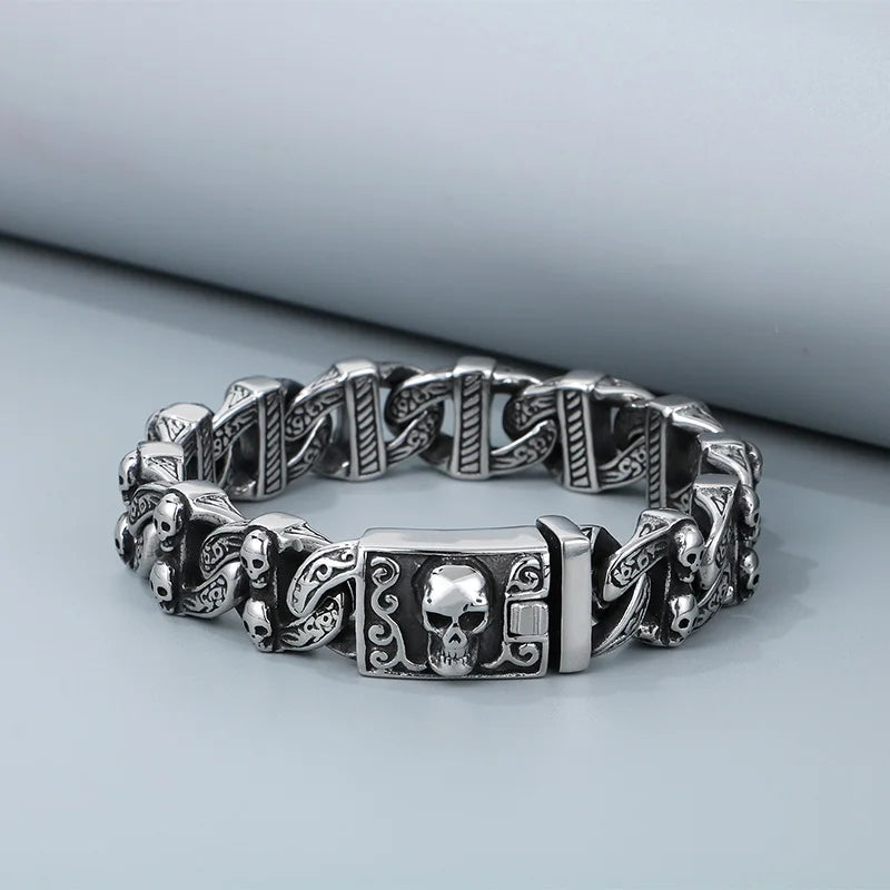 KALEN 220mm Men Punk Stainless Steel Skull Pattern Clasp&Links Bracelet