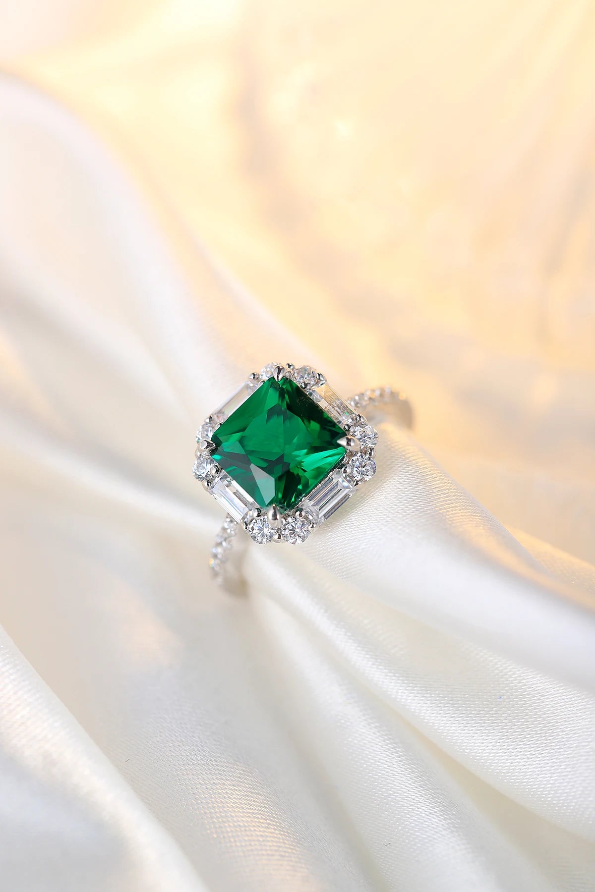 Gemfiori S925 Sterling Silver Ring for Women Colored Ice Flower Cut Asscher Emerald Snowflake Green Zirconia Lab Grown Diamond Ring