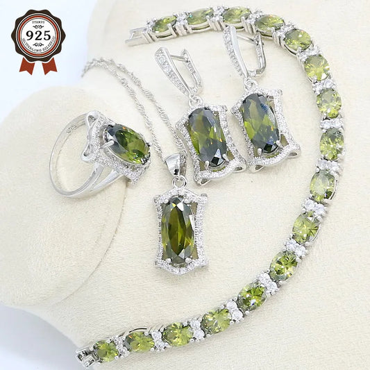 925 Silver Jewelry Set for Women Peridot Green Includes Bracelet Earrings Necklace Pendant Ring for Weddings Main Stone Zircon