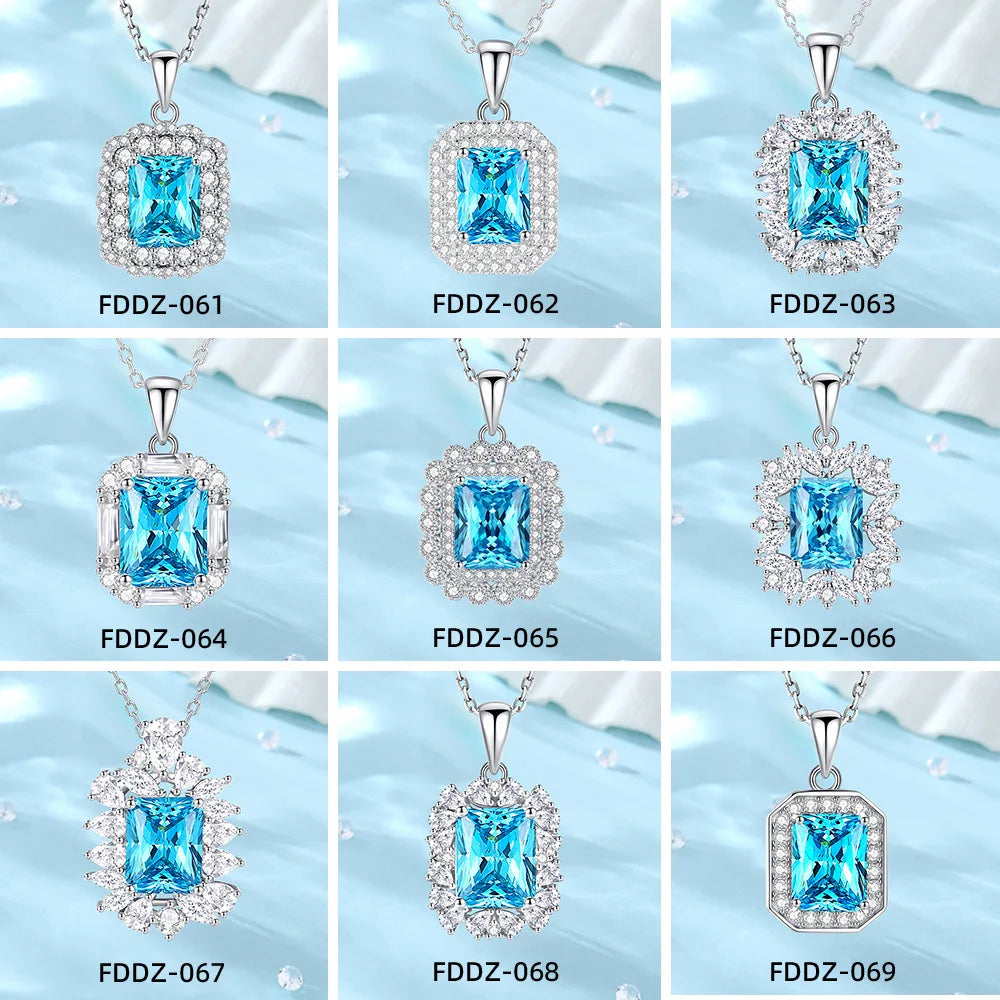 925 Sterling Silver Classic Square Blue Zircon Pendant Necklace | Luxury Blue Stone Clavicle Chain Birthday Gift for Women