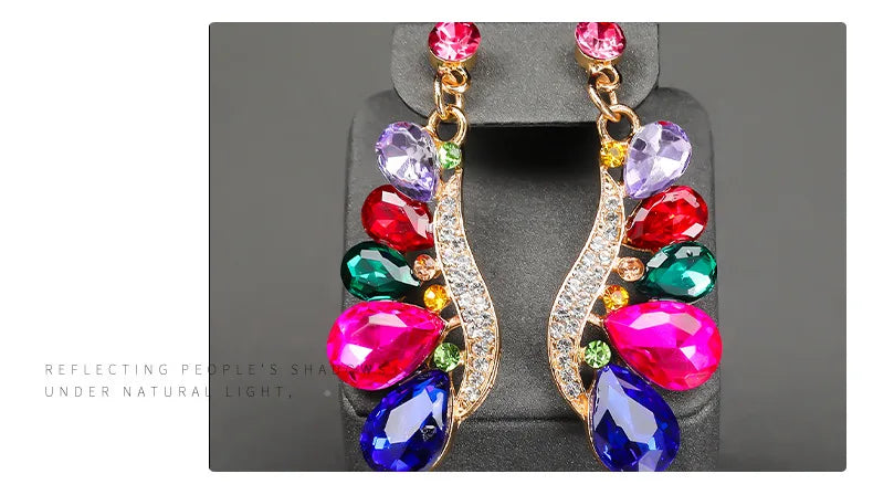Luxury Multi Color Crystal Drop-Shaped Gemstone Necklace Earrings Jewelry Set for Women