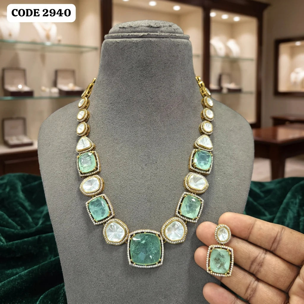 Elegant Mint Green Cushion Cut Heritage Necklace Set Traditional Wedding Jewelry Statement Necklace Premium Designer Fashion